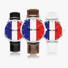 Charger l'image dans la galerie, Montre à quartz à bracelet en cuir ultra-mince crée par Tommy Taylor US.(Bracelet cuir Marron-Noir-Blanc)