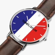 Charger l'image dans la galerie, Montre à quartz à bracelet en cuir ultra-mince crée par Tommy Taylor US.(Bracelet cuir Marron-Noir-Blanc)