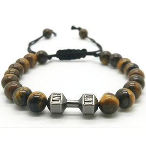 Bracelet perlé en corde à la main haltère en métal avec œil de tigre de roche volcanique 18 modèles aux choix - Tommy Taylor 