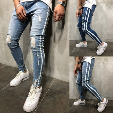 jeans hommes à rayures latérales déchirées mode Streetwear Slim  Denim deux colories - Tommy Taylor 