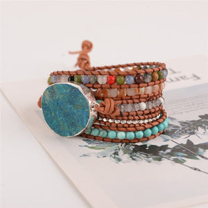 Bracelet en cuir perlé pour femmes composé de pierre de jaspe,de spectrolite turquoise - Tommy Taylor 