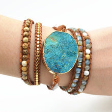 Charger l&#39;image dans la galerie, Bracelet en cuir perlé pour femmes composé de pierre de jaspe,de spectrolite turquoise - Tommy Taylor 
